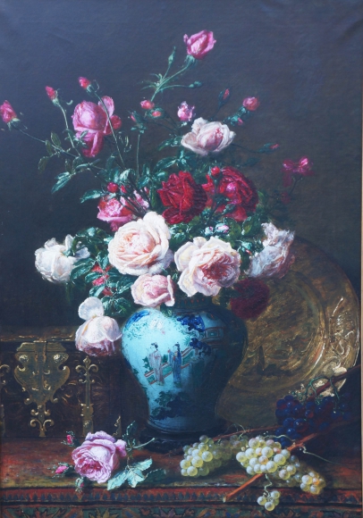 Fleurs au vase chinois  et raisins  Alexis Kreyder