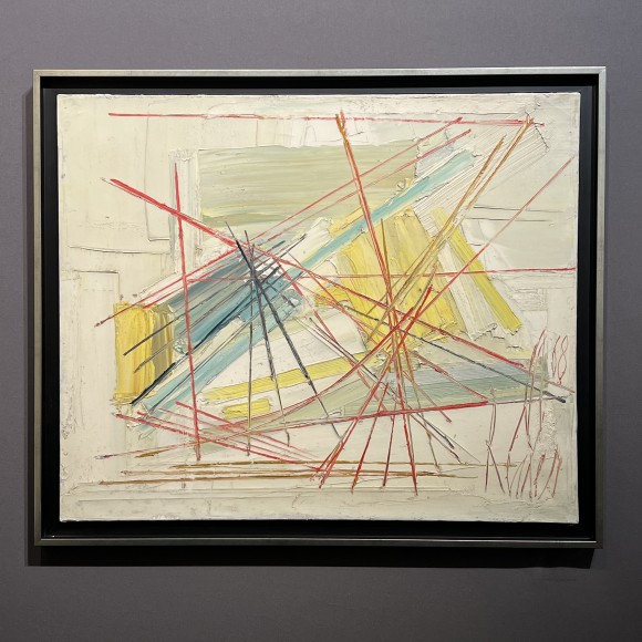 Abstraction spatiale huile sur toile signée Recher